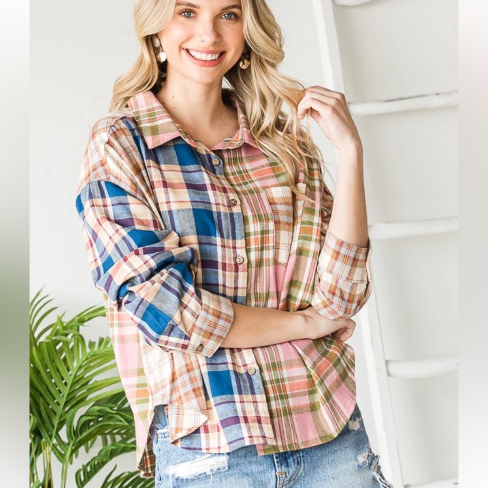 252 🏝️OLI & HALI MIXED PLAID BUTTON DOWN SHIRT